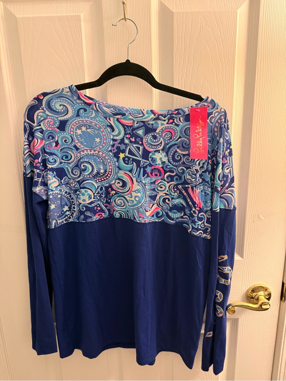 Lilly Pulitzer Navy Long Sleeve Tee with Multicolor Paisley Yoke